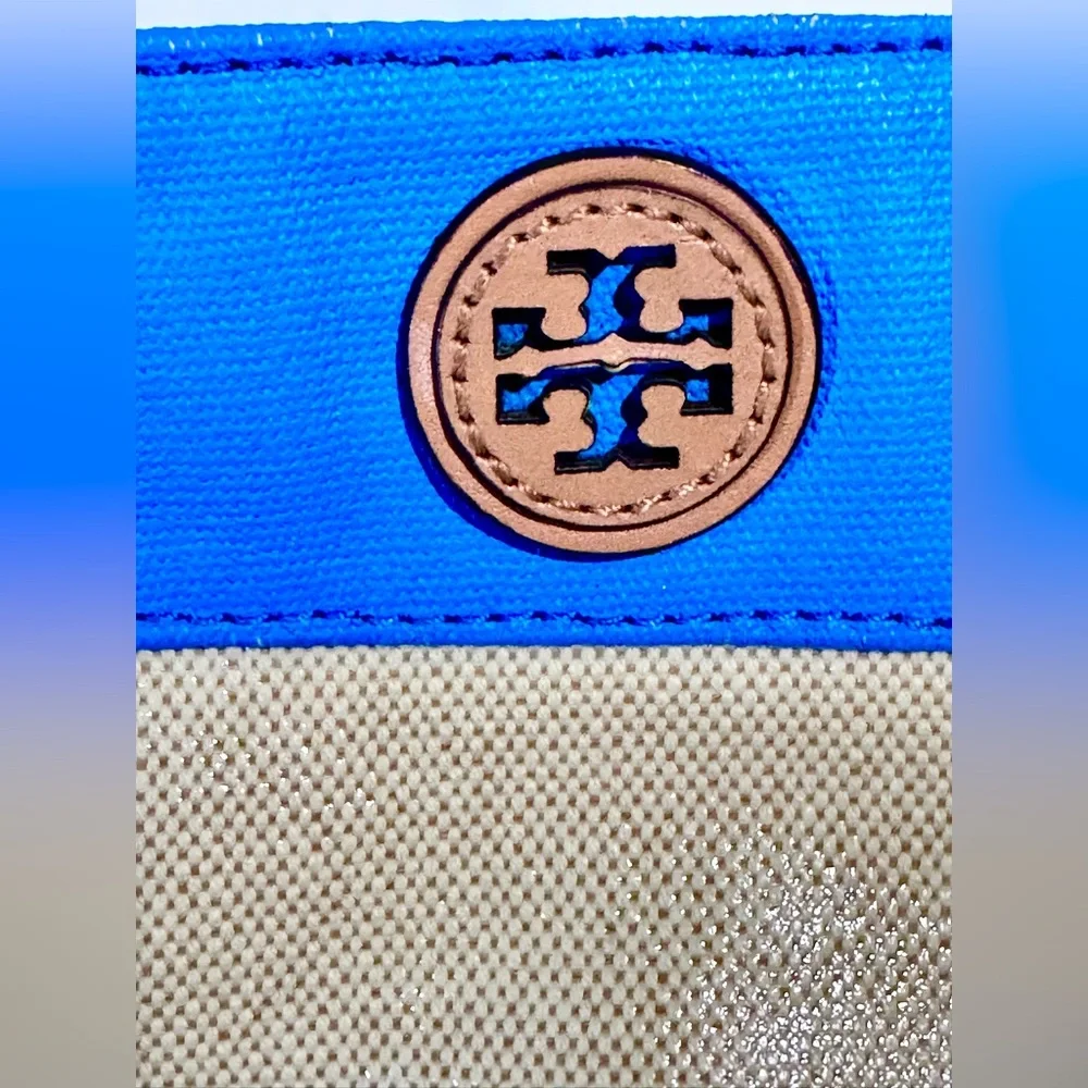 TORY BURCH Blue & Beige Canvas‎ Crossbody Colorblock Top Zip Pouch Bag